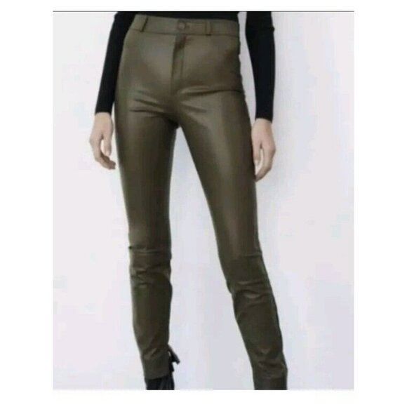 NWT ZARA WOMEN FAUX LEATHER LEGGINGS DARK KHAKI OLIVE SIZE XS 5427/206 - Picture 2 of 6